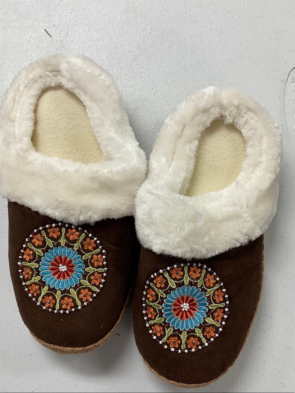 Cozy Embroidered Brown Faux-Fur Slippers